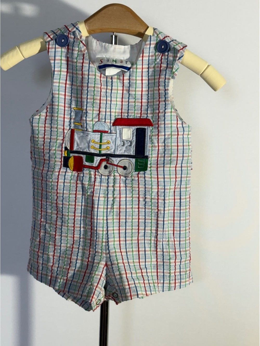 Samara Baby Boy Train Appliqué Plaid Shortall Romper 12M